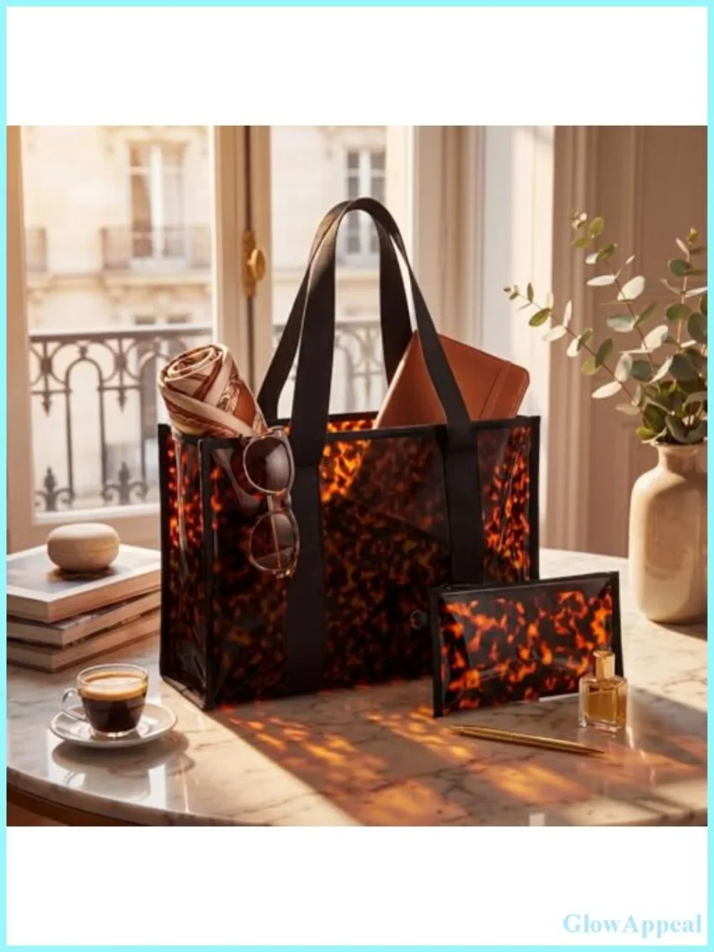 Tortoise PVC Tote Bag with Detachable Zippered Pouch, Waterproof Large Hobo